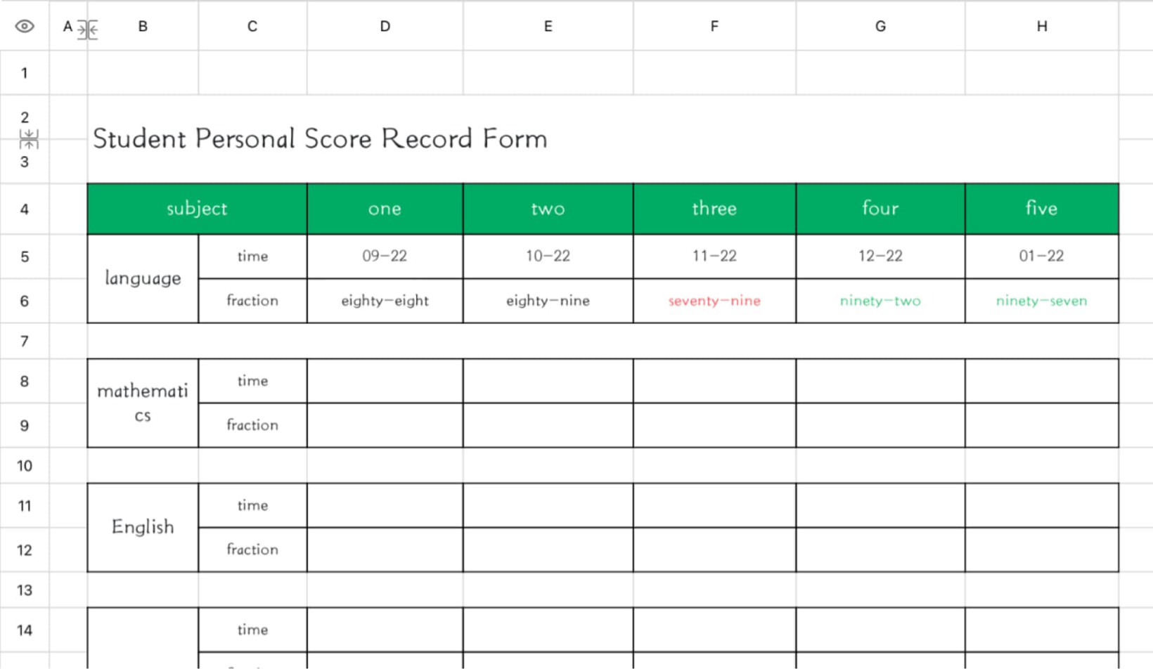 Student record sheet 1